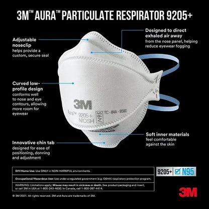 3M 9205+ Aura N95 Particulate Respirator – NIOSH Approved Safety Mask