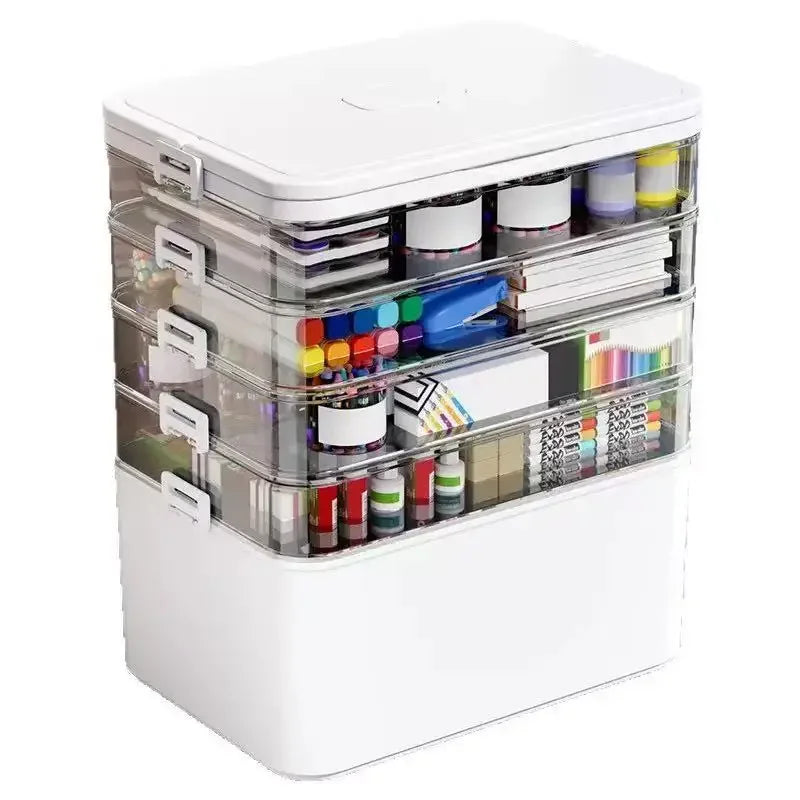 Stackable storage drawers with stationery items on a white background