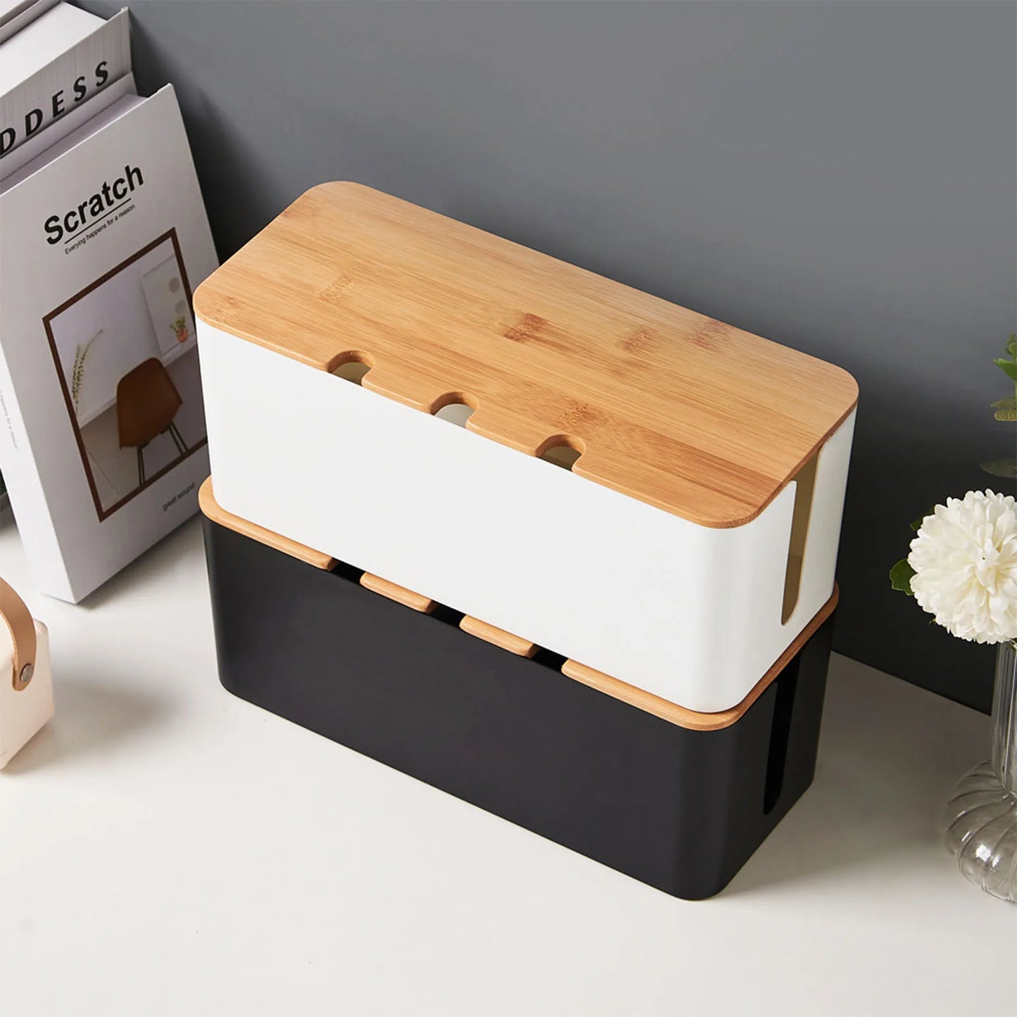 Cable Management Box – Wooden Style Cord Organizer for Desk