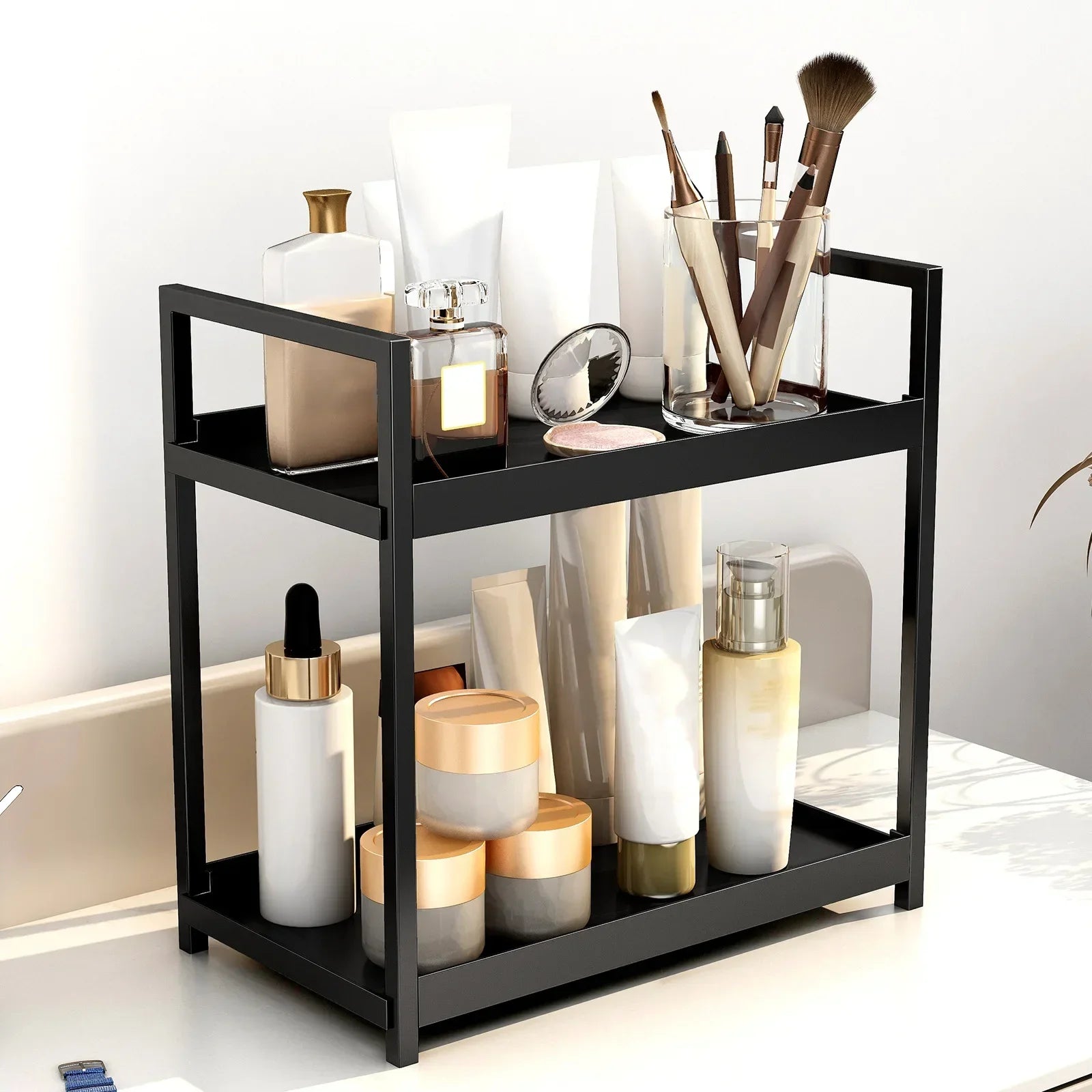 Black metal shelf with cosmetic products on a white surface