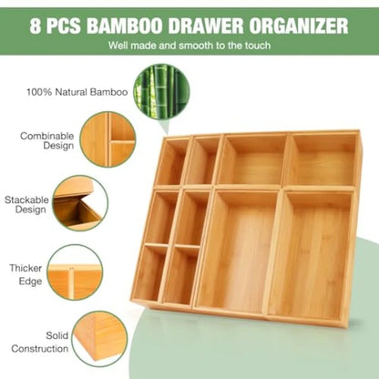 Bamboo Drawer Organizer Set – 8-Piece Wood Storage Bin Divider