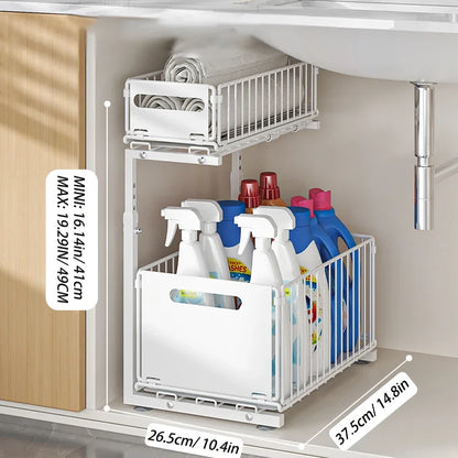 2-Tier Under Sink Organizer – Adjustable Sliding Metal Shelf