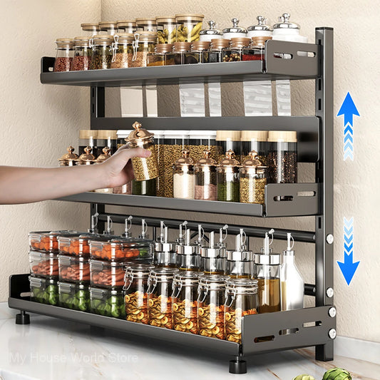 3-Tier Adjustable Spice Rack – Metal Kitchen Countertop Organizer