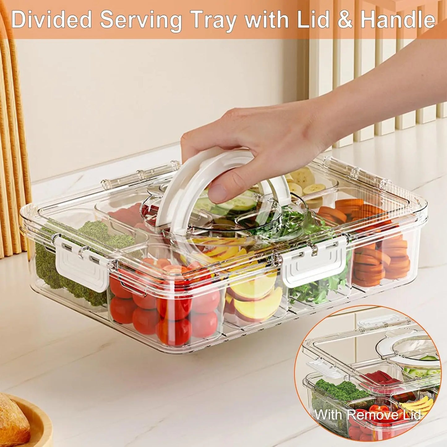 Divided Veggie Tray – Portable Snack Spinner with Lid & Handle