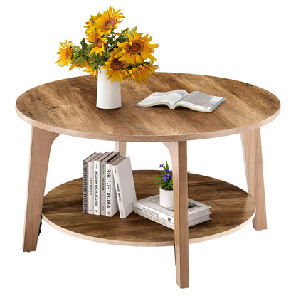 32-Inch Round Coffee Table – 2-Tier Wood Center Table with Storage