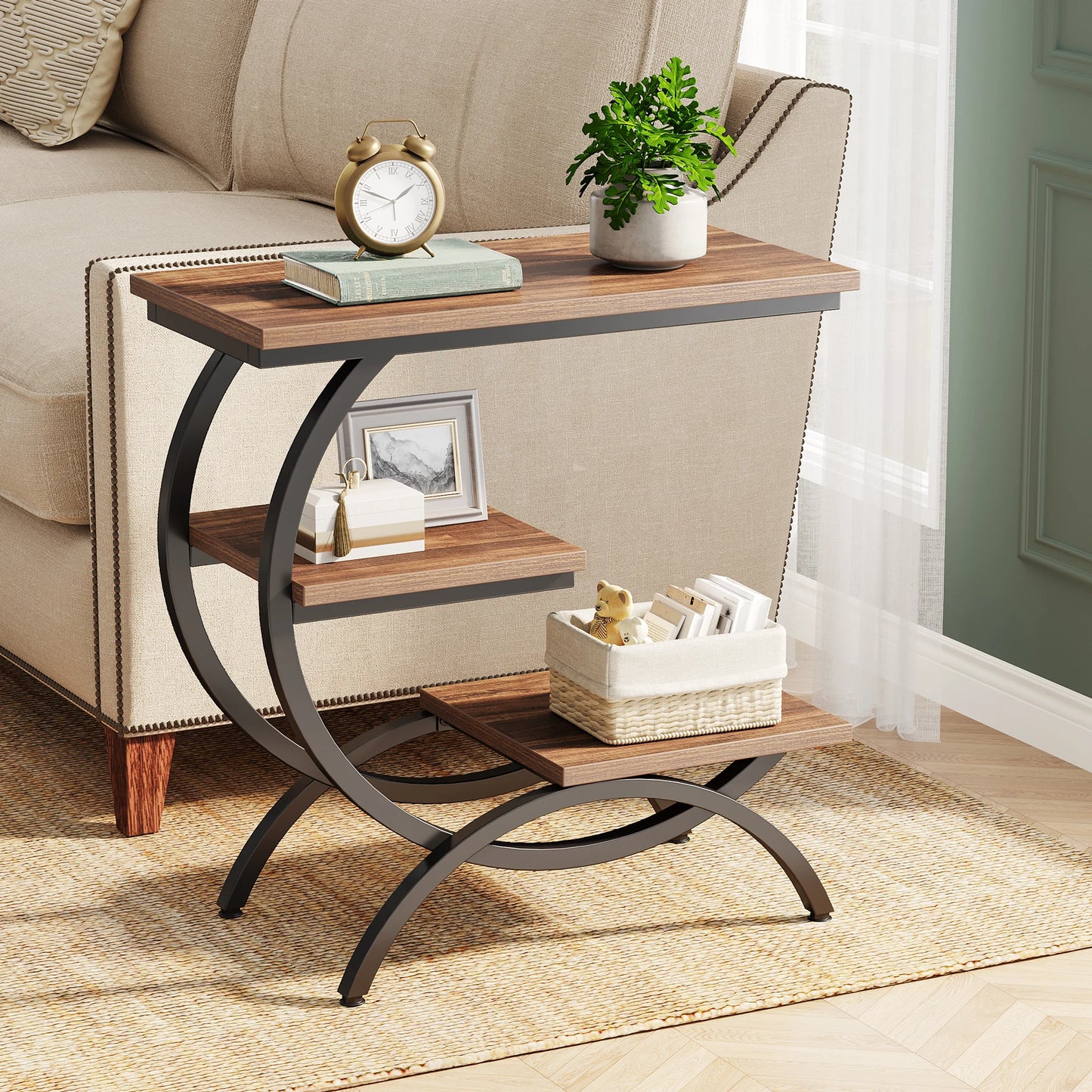 C-Shaped End Table – Industrial 3-Tier Wood Side Table