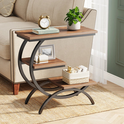 C-Shaped End Table – Industrial 3-Tier Wood Side Table