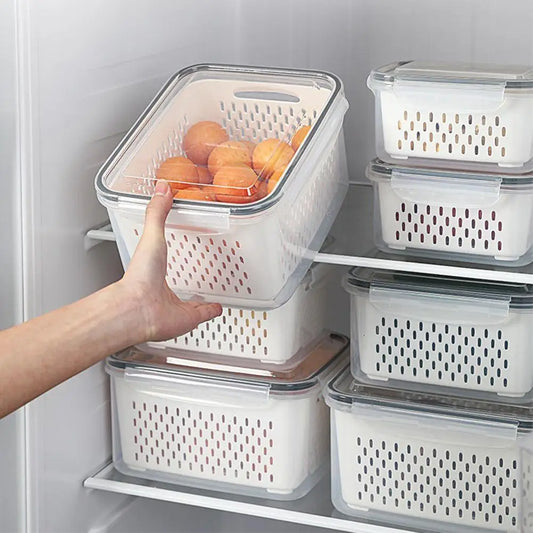 Refrigerator Storage Box – Fridge Organizer with Drain Basket, Plastic