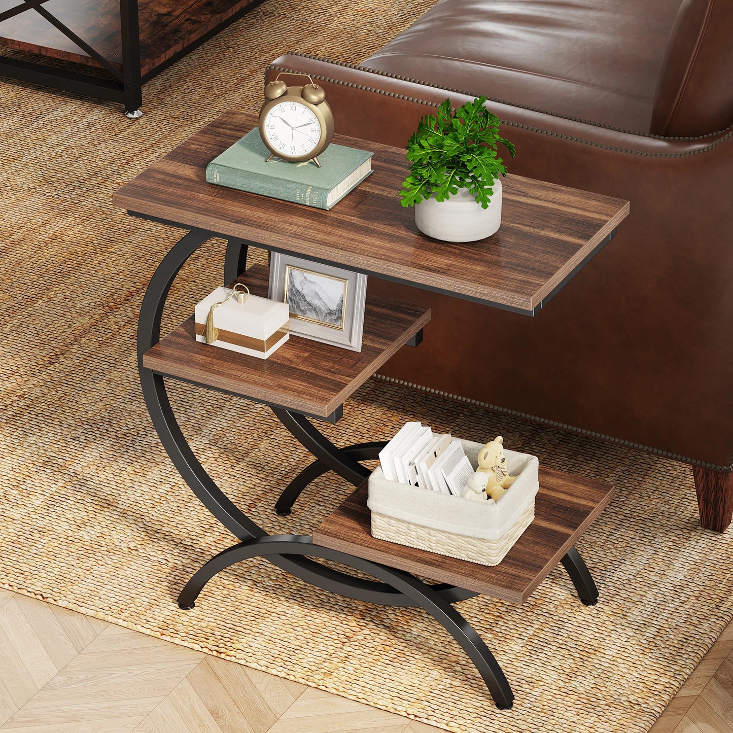 C-Shaped End Table – Industrial 3-Tier Wood Side Table