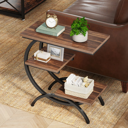 C-Shaped End Table – Industrial 3-Tier Wood Side Table