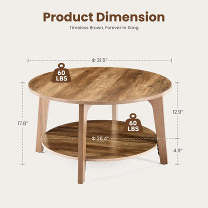 32-Inch Round Coffee Table – 2-Tier Wood Center Table with Storage