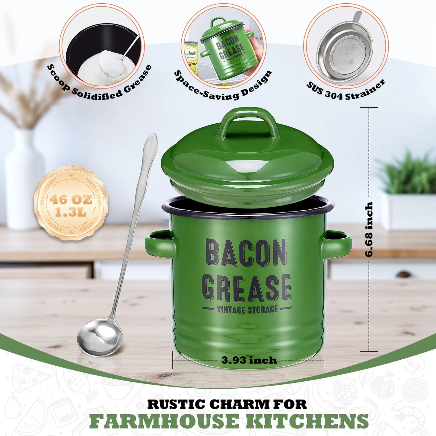 Bacon Grease Container with Strainer – 46oz Farmhouse Kitchen Oil Can