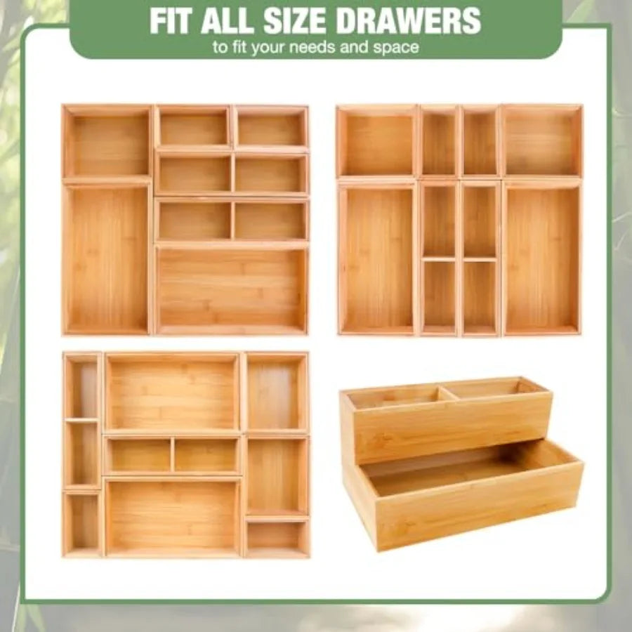 Bamboo Drawer Organizer Set – 8-Piece Wood Storage Bin Divider
