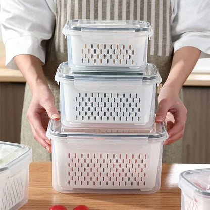 Refrigerator Storage Box – Fridge Organizer with Drain Basket, Plastic