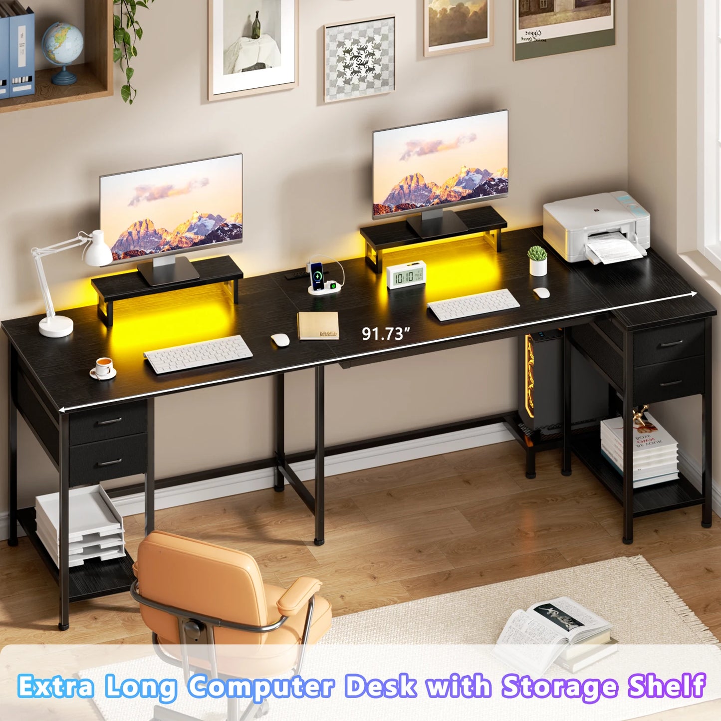 93-Inch L-Shaped Office Desk – With Power Outlets and LED Lights
