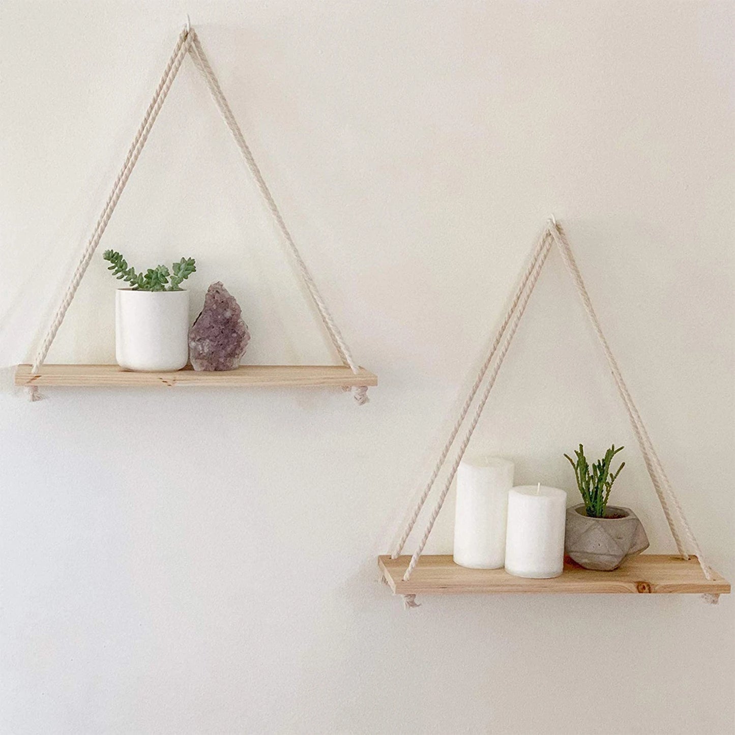 Floating Wall Shelf – Macrame Rope Triangle Wood Rack