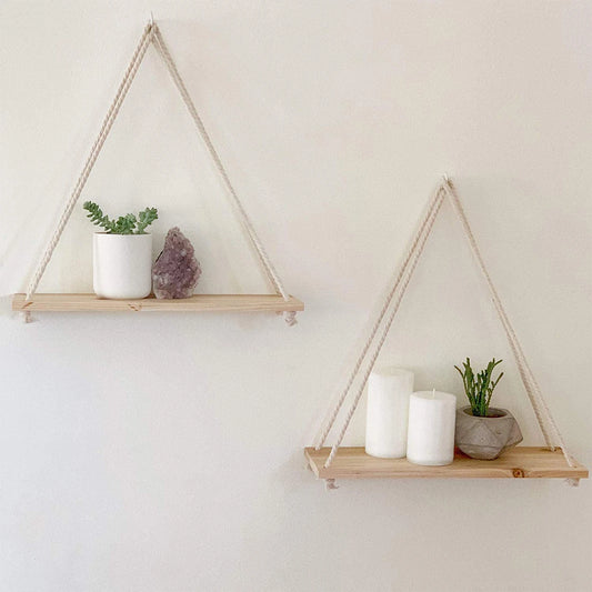 Floating Wall Shelf – Macrame Rope Triangle Wood Rack