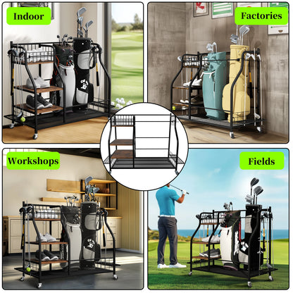 Golf Bag Organizer – 3-Tier Rolling Metal Sports Storage Rack