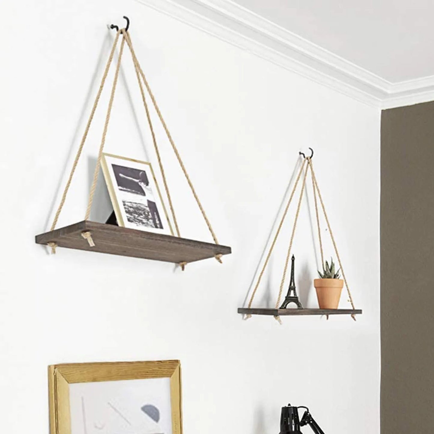 Floating Wall Shelf – Macrame Rope Triangle Wood Rack