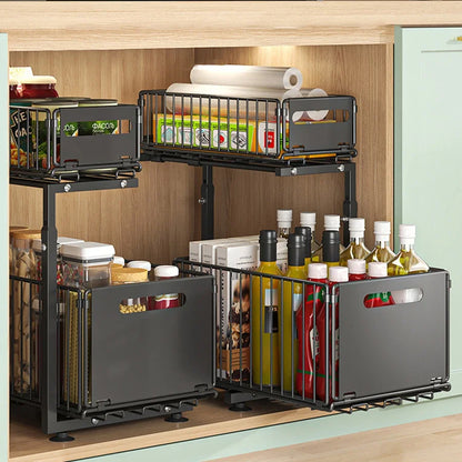 2-Tier Under Sink Organizer – Adjustable Sliding Metal Shelf