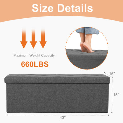 Folding Storage Ottoman Bench – Linen Fabric Footstool, 43-Inch