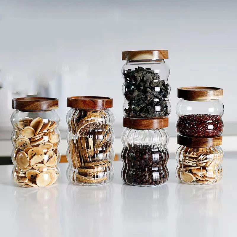 Fluted Glass Storage Jar with Acacia Wood Lid