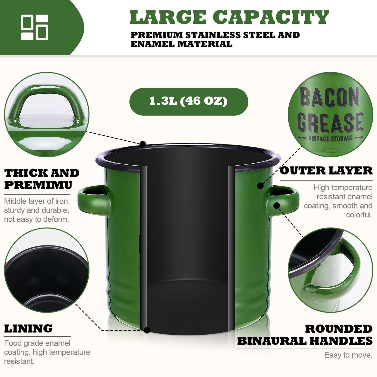 Bacon Grease Container with Strainer – 46oz Farmhouse Kitchen Oil Can