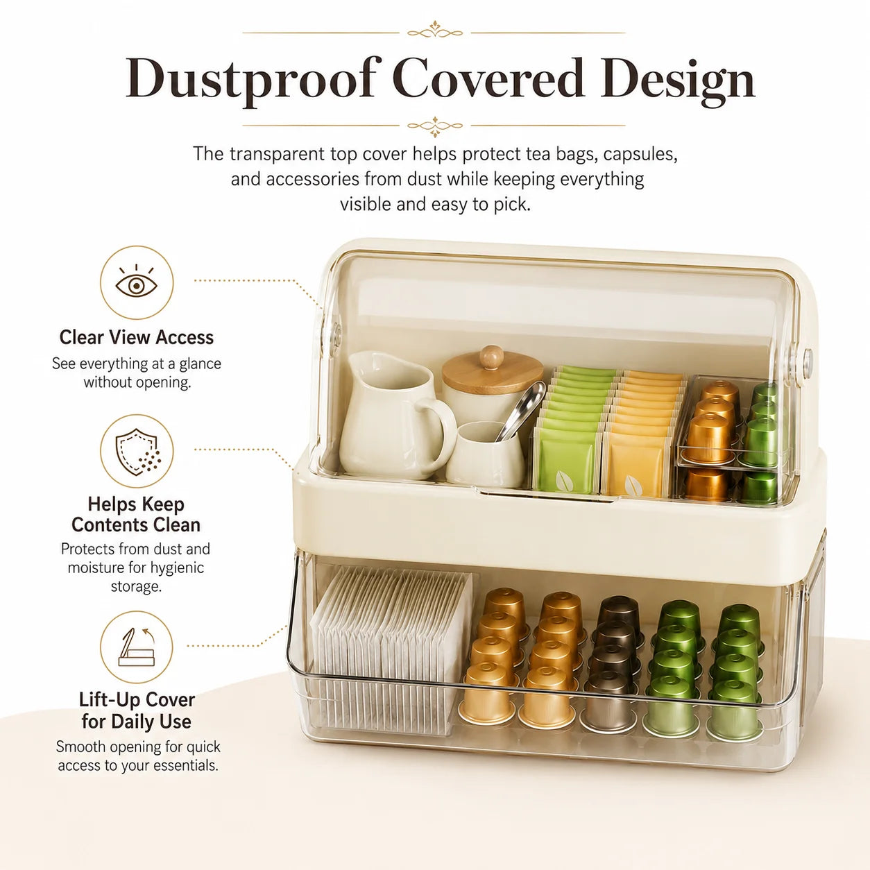 Tea Bag Storage Box – Dustproof Double-Layer Countertop Organizer