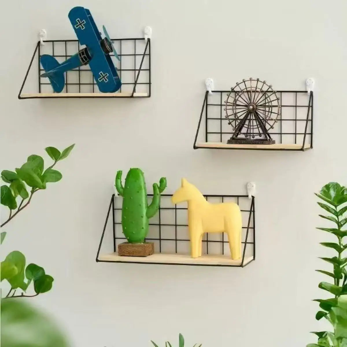 Floating Wall Shelves – Wood Storage with Metal Wire Basket