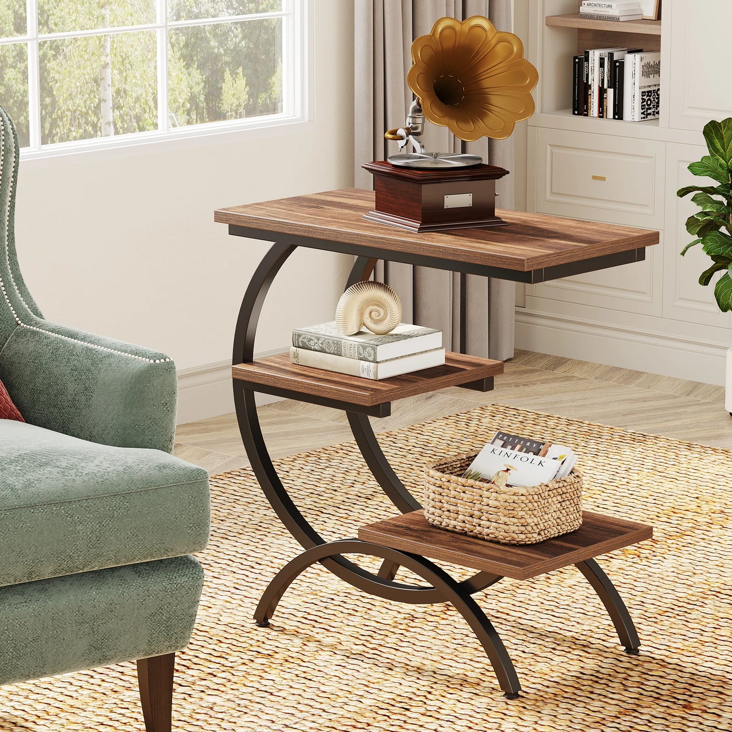 C-Shaped End Table – Industrial 3-Tier Wood Side Table