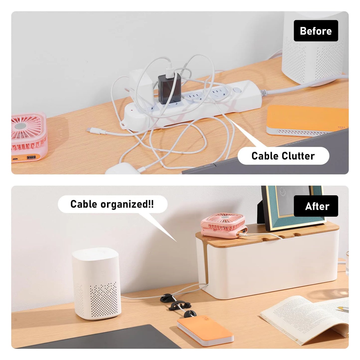 Cable Management Box – Wooden Style Cord Organizer for Desk