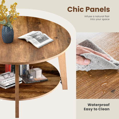 32-Inch Round Coffee Table – 2-Tier Wood Center Table with Storage