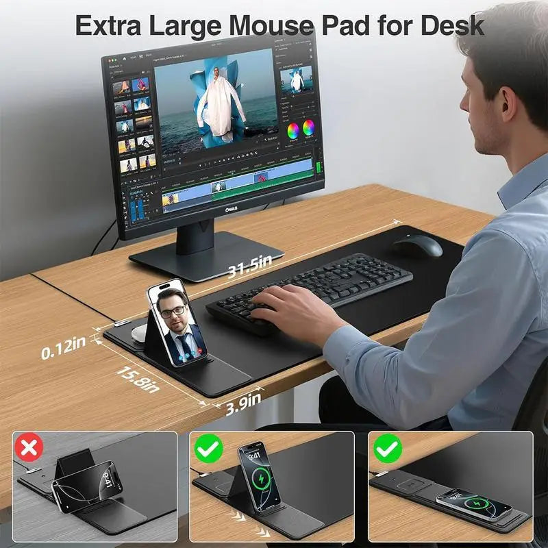 Wireless Charging Mouse Pad – 15W Fast Charge 4-in-1 Desk Mat