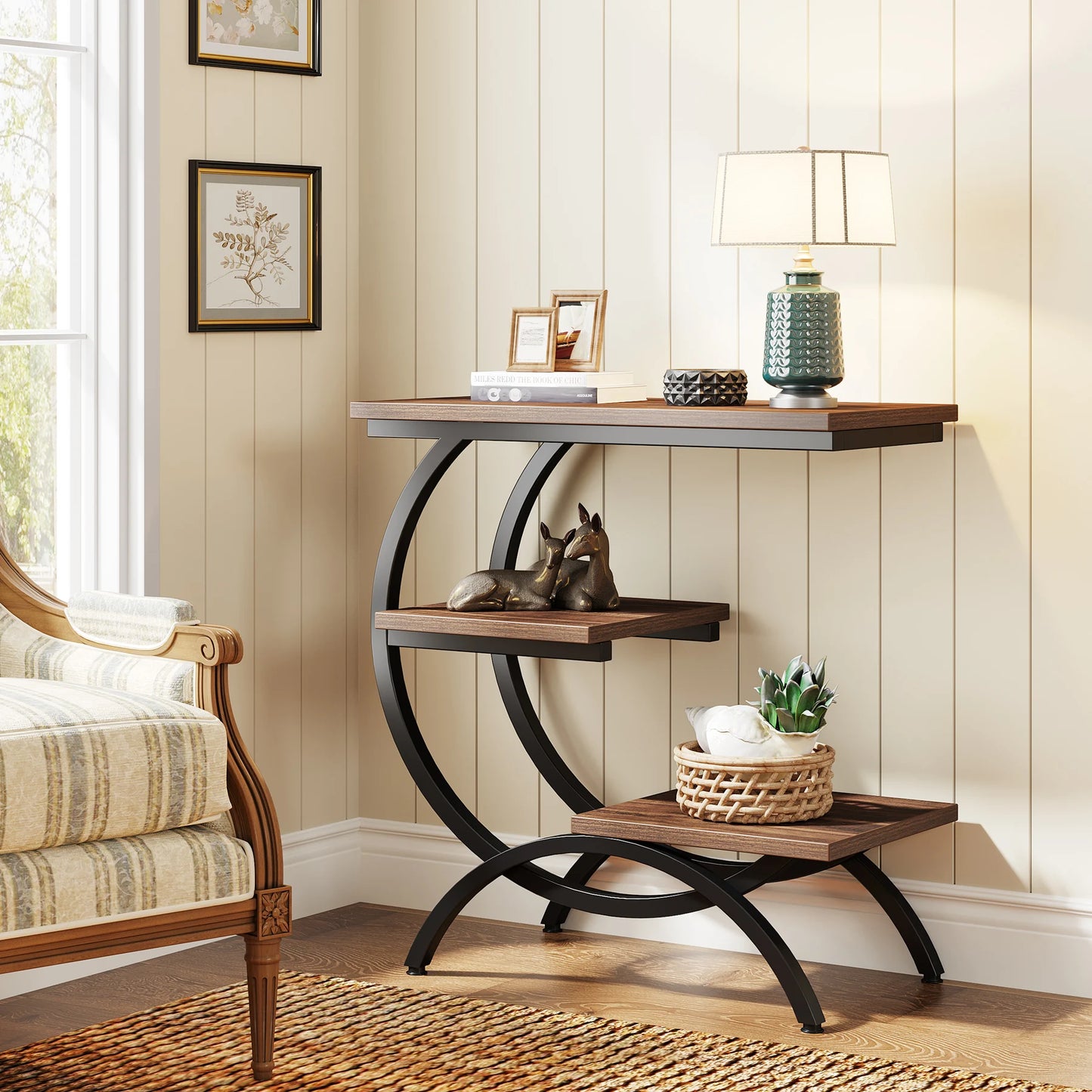 C-Shaped End Table – Industrial 3-Tier Wood Side Table