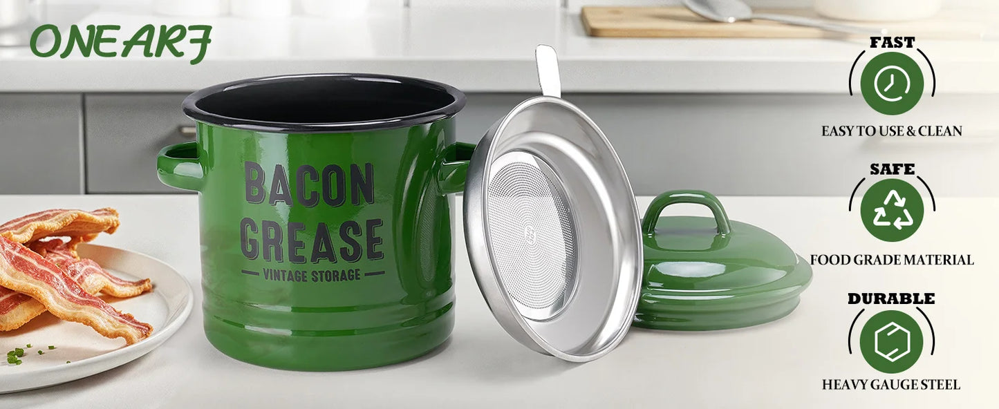 Bacon Grease Container with Strainer – 46oz Farmhouse Kitchen Oil Can