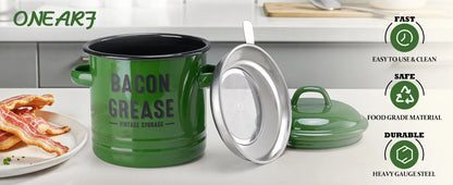 Bacon Grease Container with Strainer – 46oz Farmhouse Kitchen Oil Can