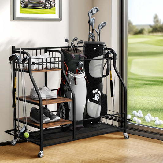 Golf Bag Organizer – 3-Tier Rolling Metal Sports Storage Rack