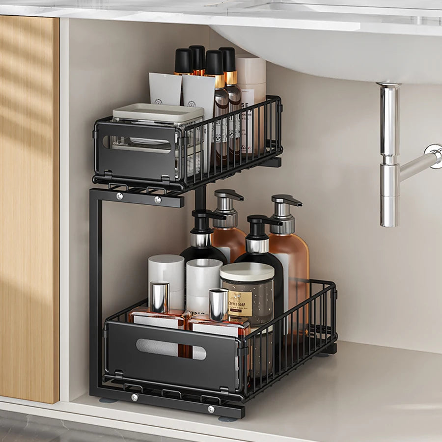 2-Tier Under Sink Organizer – Adjustable Sliding Metal Shelf