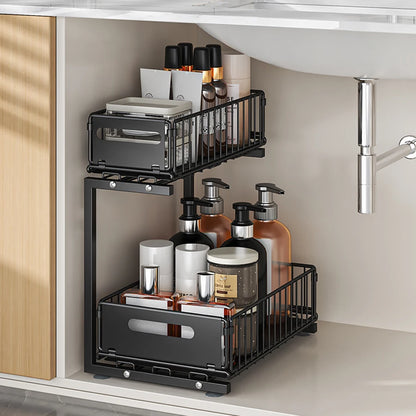 2-Tier Under Sink Organizer – Adjustable Sliding Metal Shelf