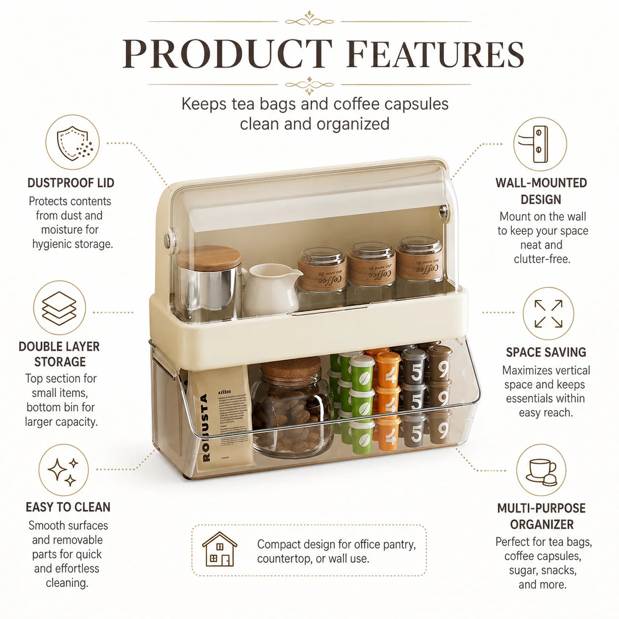 Tea Bag Storage Box – Dustproof Double-Layer Countertop Organizer
