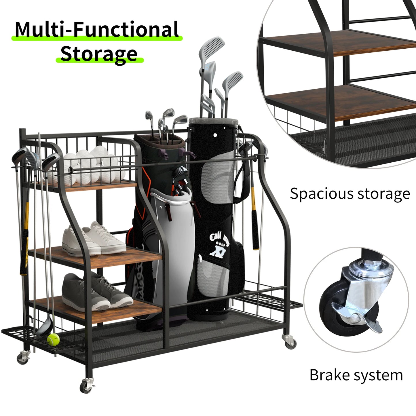 Golf Bag Organizer – 3-Tier Rolling Metal Sports Storage Rack