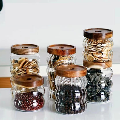 Fluted Glass Storage Jar with Acacia Wood Lid