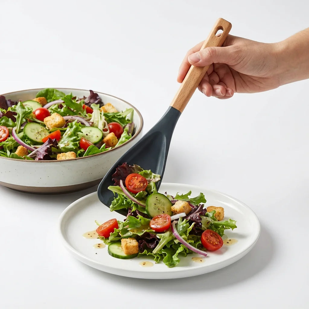 Silicone Salad Spatula with Wooden Handle – Heat-Resistant Kitchen Turner
