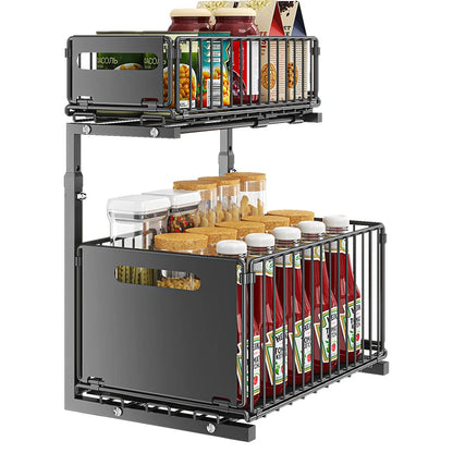 2-Tier Under Sink Organizer – Adjustable Sliding Metal Shelf