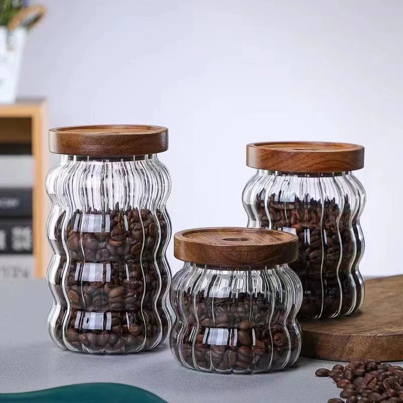 Fluted Glass Storage Jar with Acacia Wood Lid