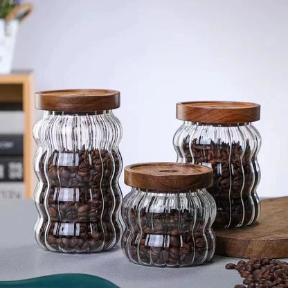 Fluted Glass Storage Jar with Acacia Wood Lid