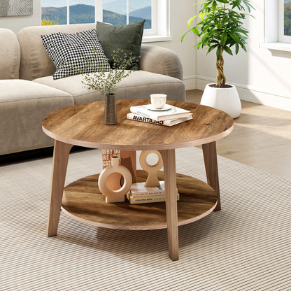 32-Inch Round Coffee Table – 2-Tier Wood Center Table with Storage