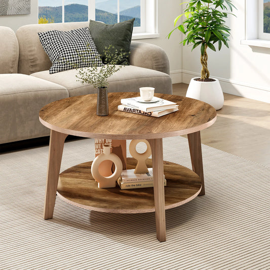 32-Inch Round Coffee Table – 2-Tier Wood Center Table with Storage