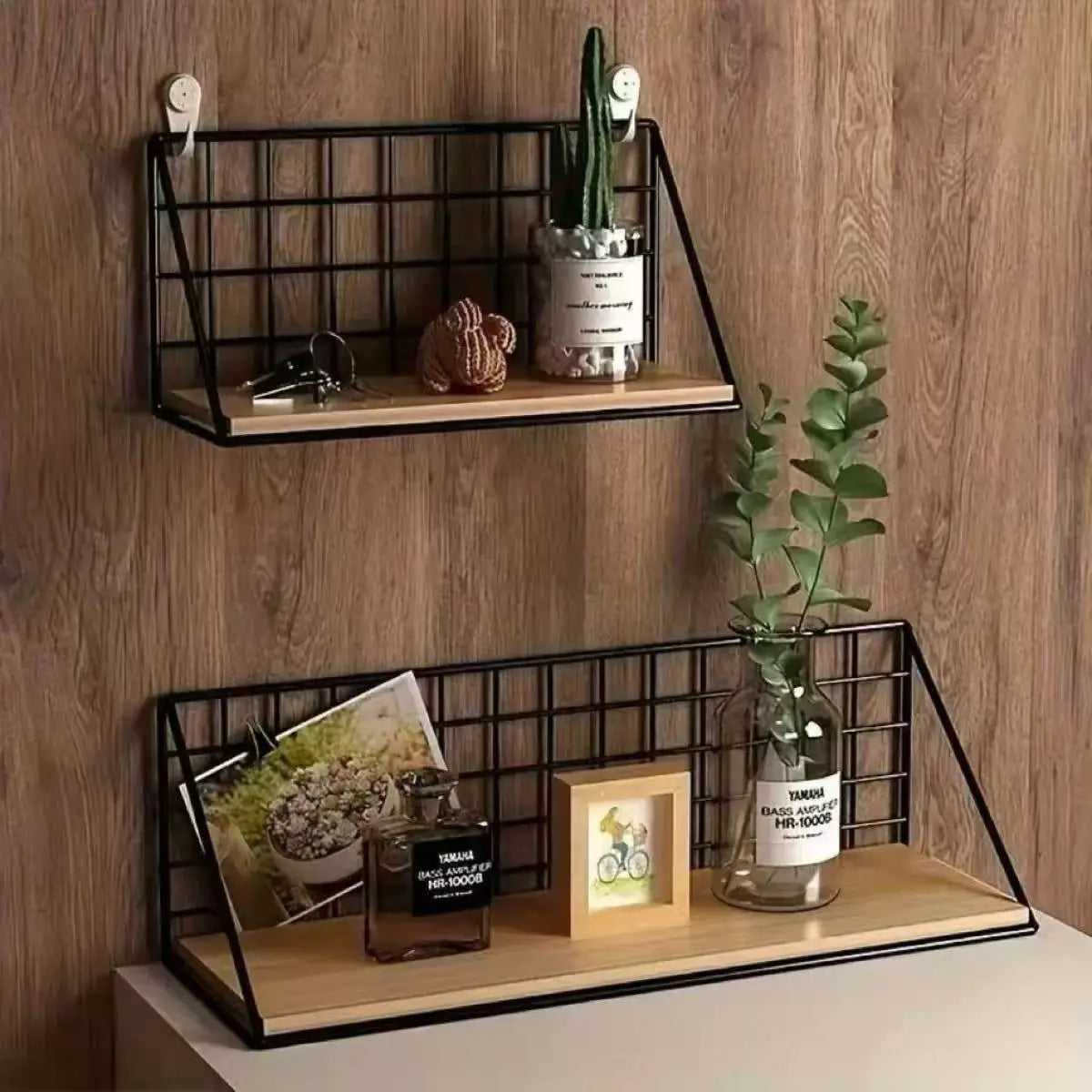 Floating Wall Shelves – Wood Storage with Metal Wire Basket