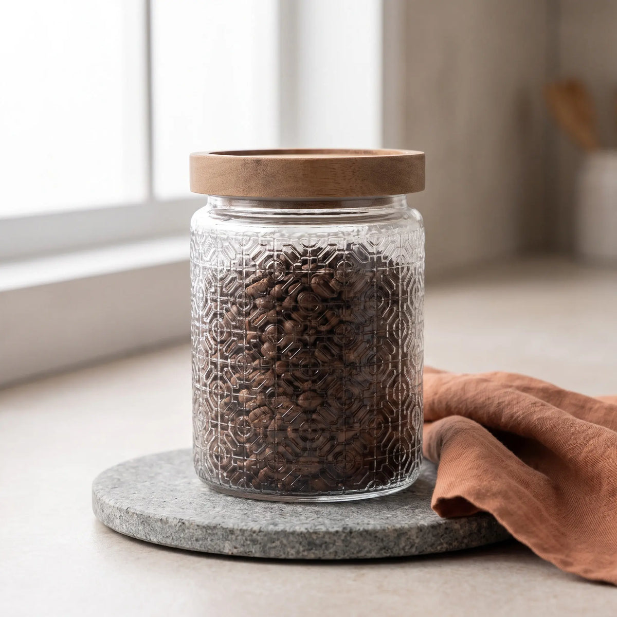 Textured Glass Storage Jar with Acacia Wood Lid
